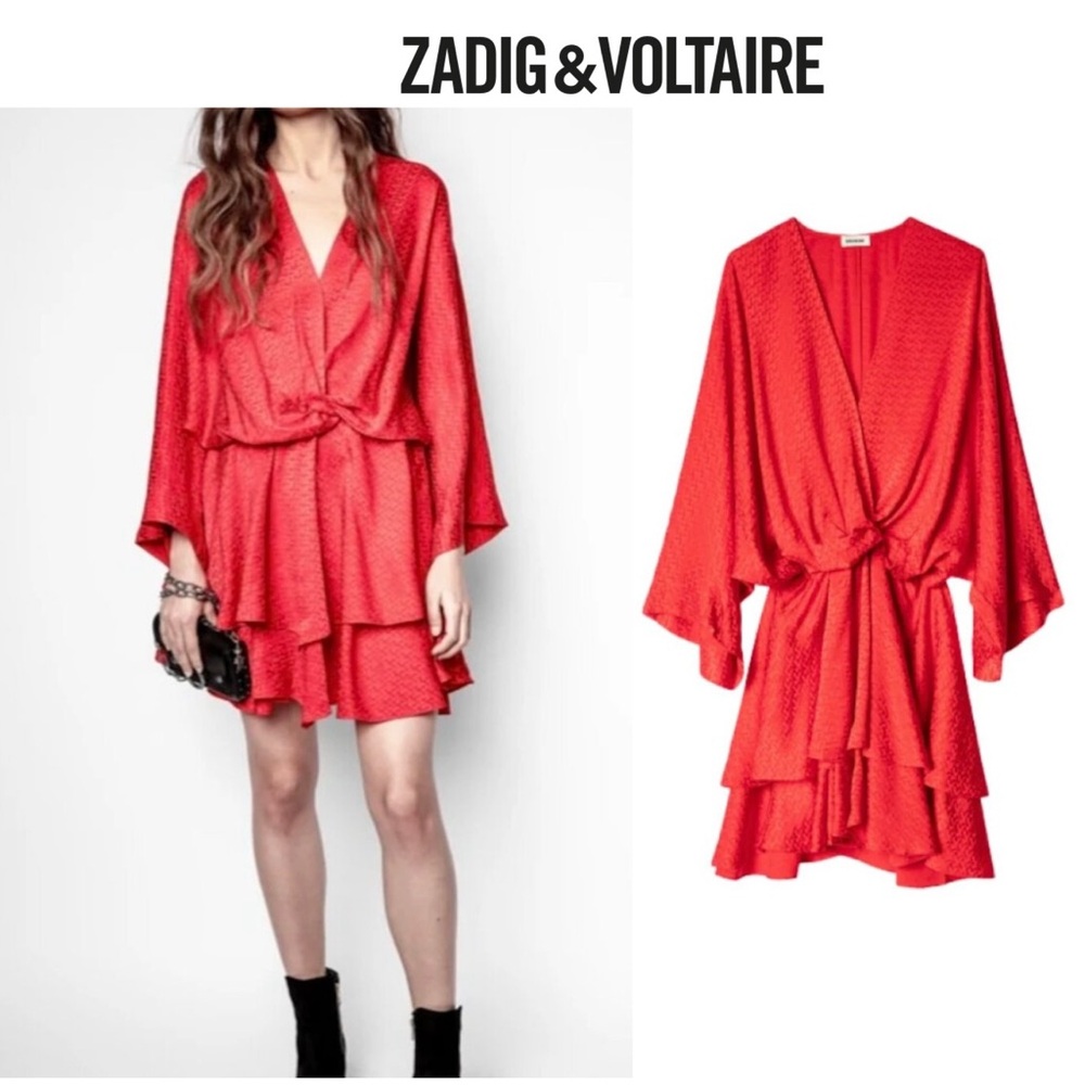 ✨ Zadig & Voltaire Red Hailey Silk Jacquard Monogram Mini Dress Size Small EUC ✨